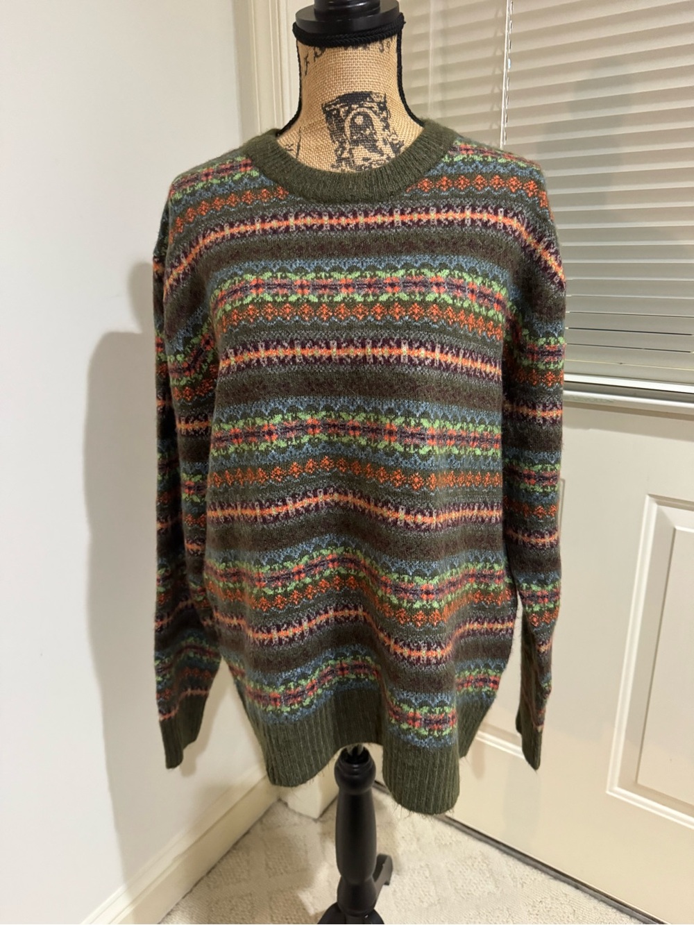 Zara Olive Fair Isle Crewneck Sweater with Multi-Color Stripes